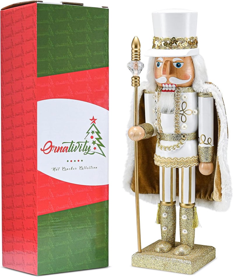 Ornativity Christmas Gold King Nutcracker – Gold and White Glittered Wooden Nutcracker Man Fur Cape and Staff in Hand Xmas Themed Holiday Nut Cracker Doll Figure Decorations 14" - Image 3